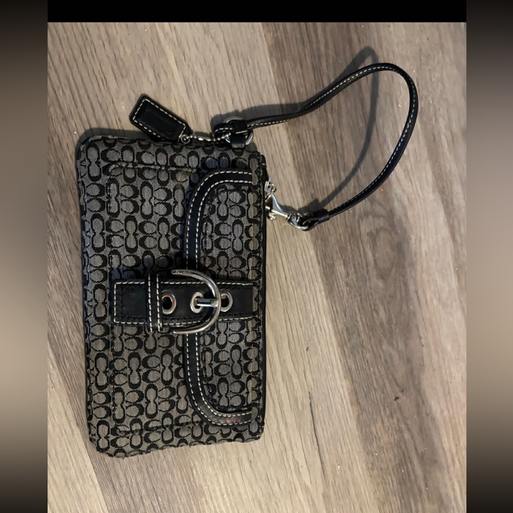 Coach Black/Brown Signature Canvas Wristlet with Buckle Accent